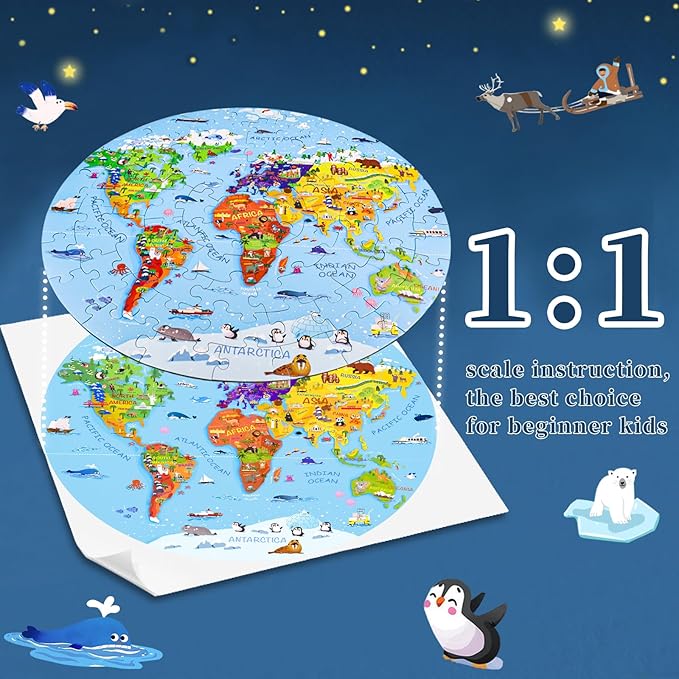 World Map Jigsaw Puzzle for Kids 4-8, 70 Piece Large Round Floor Puzzles for Kids Ages Toddler Puzzle Globe Geography Games Educational Toys Birthday for Children