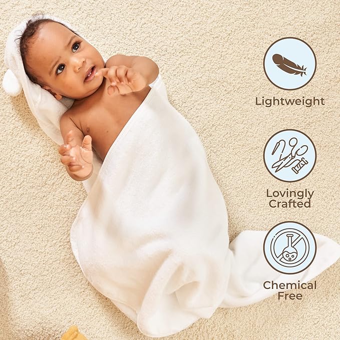 Munich Blue Baby Bath Hooded Towel for Boys and Girls - Soft and Cozy Baby Towel with Cute Bear Ears for Newborn, Infant and Toddler - White, 600 GSM, 35 x 35