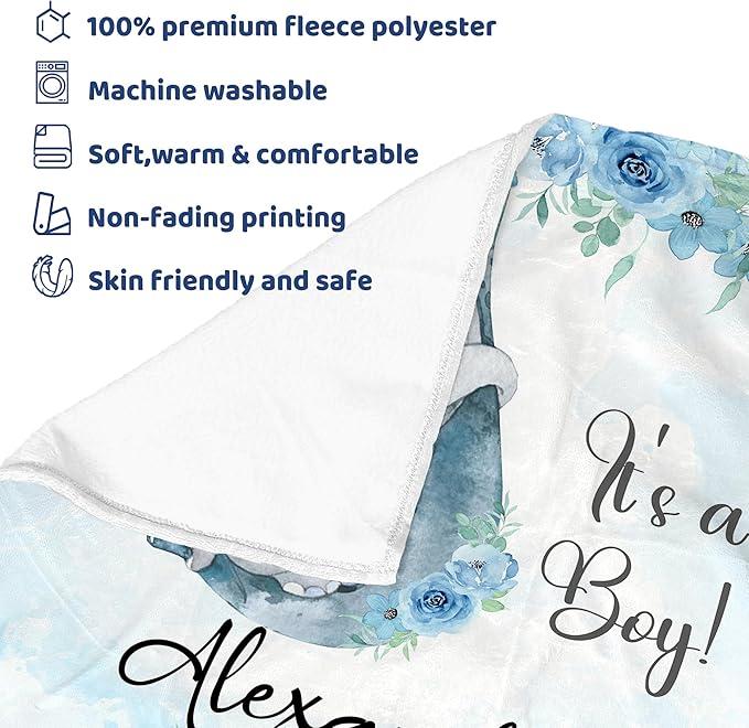 J&SBGFT Personalized Baby Blanket for Boys - Custom Name Receiving Blanket for Toddlers, Kids Nursery, Stroller, Crib Decor Throw - Elephant It's a Boy