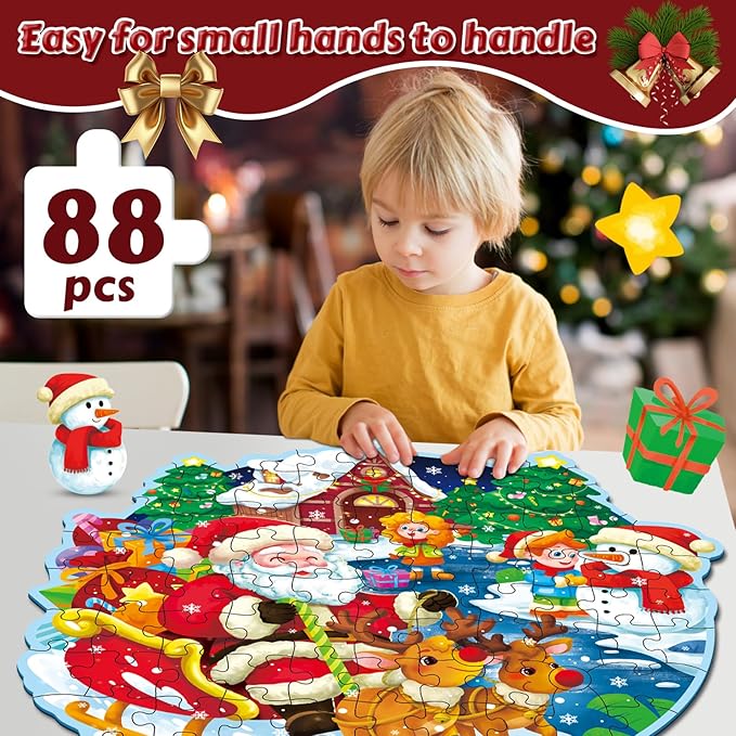 Christmas Floor Puzzle for Kids Ages 3-5 & 4-8, 88 Piece Blue Cardboard Jigsaw Puzzles for Kids, Learning Educational Toys Birthday, for 3 4 5 6 Year Old Girls & Boys