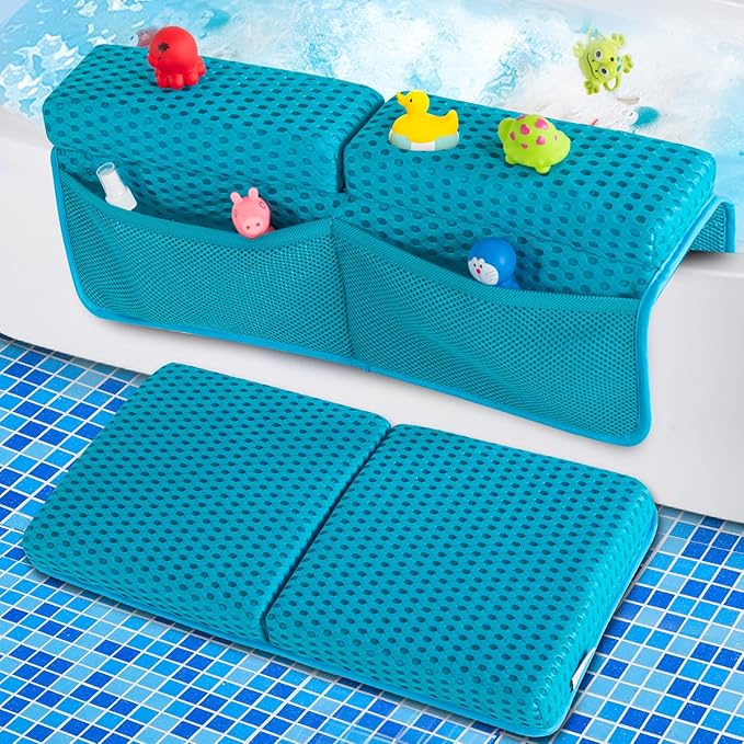 OS OMYSTYLE Baby Bath Kneeler and Elbow Rest Pad Set, 1.5'' Thick Quickly Dry Bathtub Kneeler Pad with Baby Toys & Bath Accessories Organizer, Non-Slip Mat(Blue)