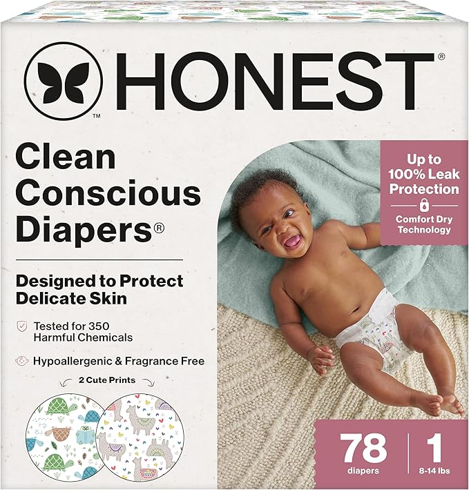 The Honest Company Clean Conscious Diapers for Delicate Skin, Up to 100% Leakproof Hypoallergenic Fragrance-Free Baby Diapers, Gender Neutral Prints, Club Box, Size 1 (8-14 lbs), 78 Count