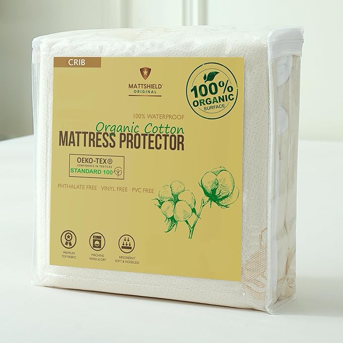 Crib Organic Mattress Protector Pad - Certified Organic Cotton Waterproof Breathable Mattress Pad Cover - 250 GSM Comfort - Deep Pocket - Fitted Comfort