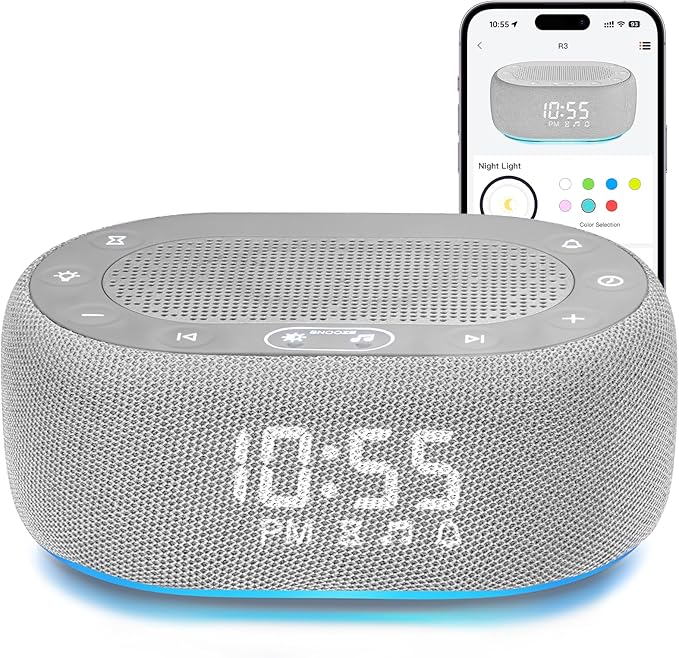 1Mii White Noise Sound Machine for Sleep, Pink Noise Machines for Baby Adults Sleeping, 18 Soothing Sounds with 7-Color Night Light, Timer, Alarm Clock, 16 Volume Levels, Remote App Control - Grey
