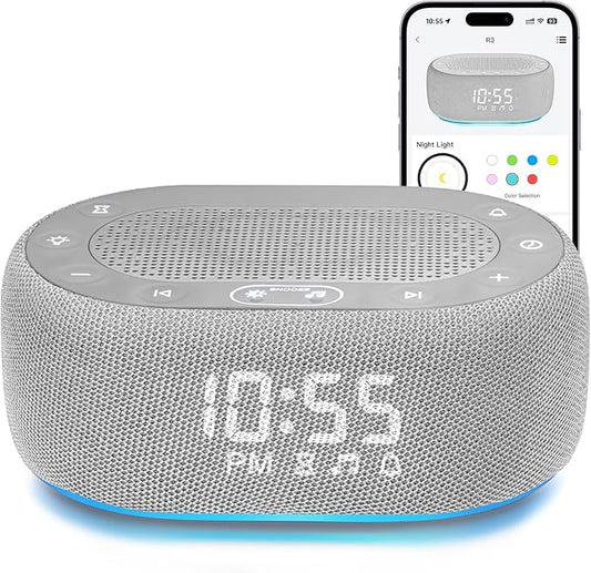 1Mii White Noise Sound Machine for Sleep, Pink Noise Machines for Baby Adults Sleeping, 18 Soothing Sounds with 7-Color Night Light, Timer, Alarm Clock, 16 Volume Levels, Remote App Control - Grey