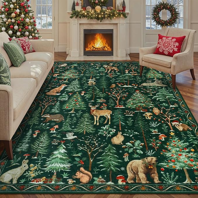 OJIA Christmas Area Rug 8x10 Green Rugs for Living Room, Xmas Animal Washable Rugs 8x10 Soft Bedroom Throw Rug, Holiday Dining Room Carpet Non-Slip Low Pile Carpet for Kids Room Nursery