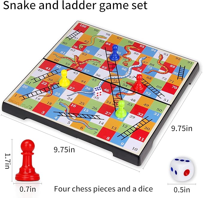 KIDAMI Magnetic Snakes and Ladders Game Set with Storage Box, Folding Design and Light-Weight, Gift for Kids and Adults (9.75 Inches)