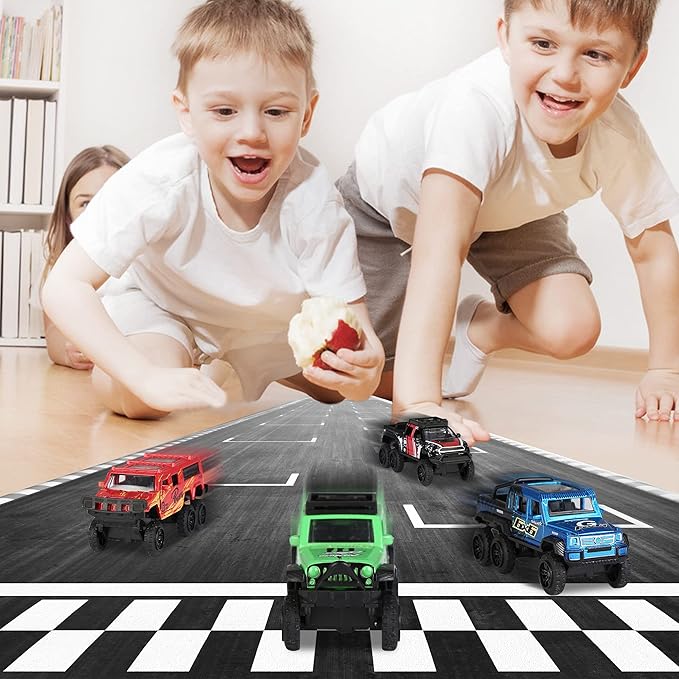 KIDAMI Diecast Toy Trucks 4 Pack Die Cast Metal Toy Cars Pull Back Cars Openable Doors Off-Road Vehicles Birthday Gift for Boys and Toddlers (Colorful)