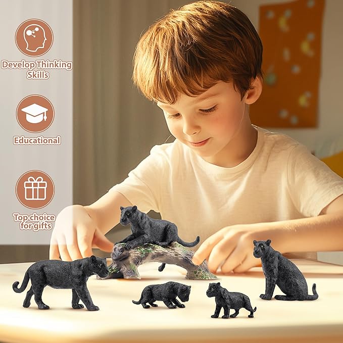 Toymany 7PCS Black Panthers Figurines with Panther Cub and Tree Trunk, Realistic Jungle Animals Figures Family Playset, Educational Toy Cake Toppers