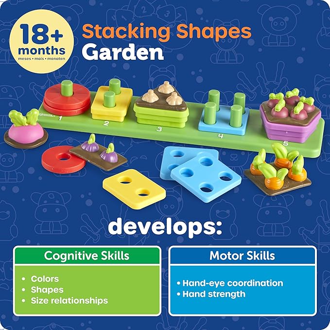 Learning Resources Stacking Shapes Garden, Fine Motor Skills, Stacking and Sorting Puzzle Board, Montessori Toddler Sensory Table Toys, Color Matching, Busy Board, Boy and Girl Gifts