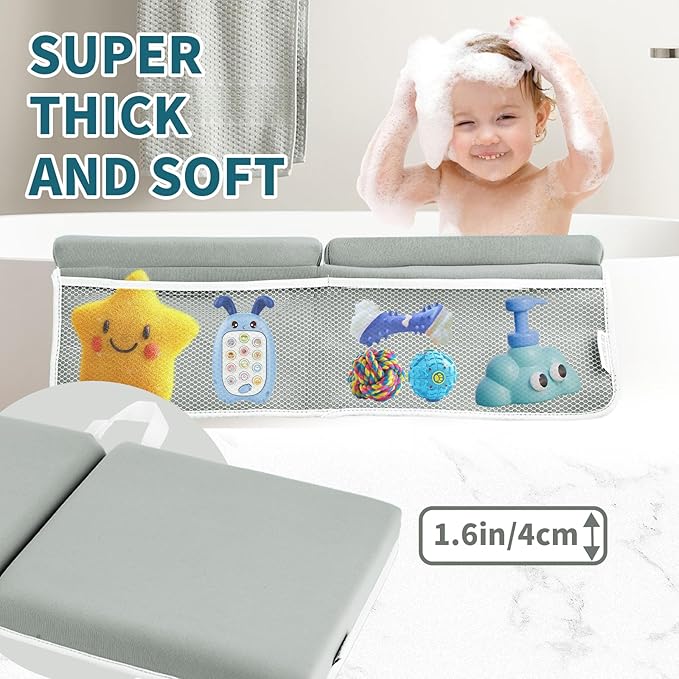 Bath Kneeler and Elbow Rest Pad, Thick Quick Dry Kneeling Pad, Elbow Support, Large Bathtub Kneeling Mat with Toy Organizer for Baby Bathing (Grey)