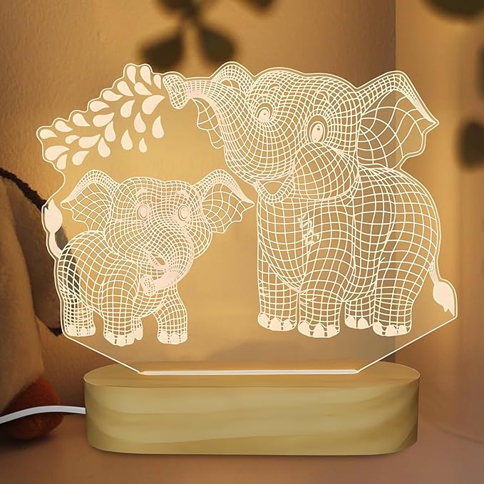 Elephant Shape 3D Crystal Acrylic Light Base with Wood Stand, LED Light for Kids Room Decor, Gift for Mom on Birthday or Holiday, Home Décor Art Display