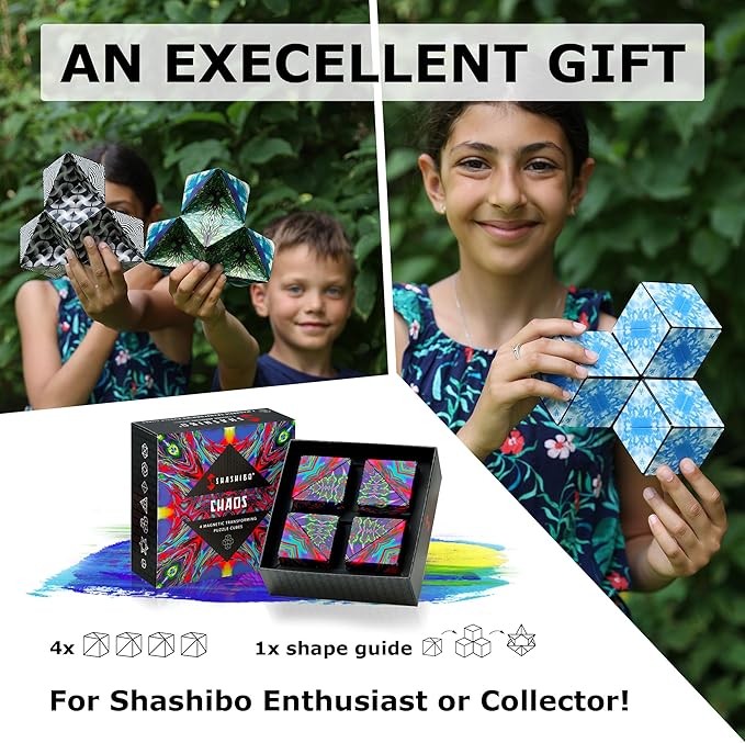 Shashibo Shape Shifting Box - Award-Winning, Patented Fidget Cube w/ 36 Rare Earth Magnets - Transforms Into Over 70 Shapes, Gift Box, Download Fun in Motion Toys Mobile App (Chaos, 4 Pack)