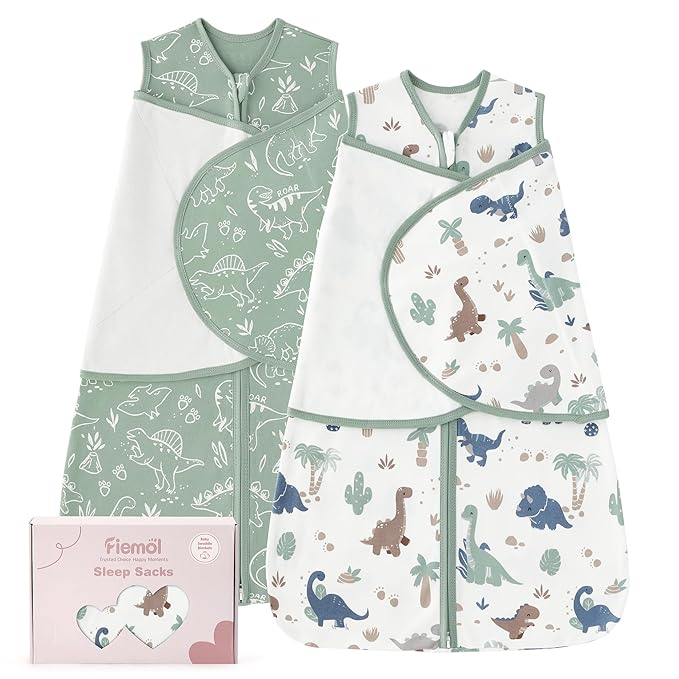 Baby Swaddle Sleep Sack 0-3 Months, Swaddles for Newborns Boy Girl, 3-Way Adjustable Infant Swaddle Wearable Blanket with Zipper & Detachable Wrap, 2 Pack Soft Snug Green Dinosaur