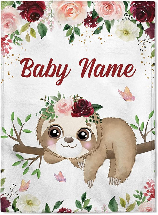 FLOCHIL Personalized Baby Blanket for Girls, Custom Baby Blanket with Name, Customized Baby Products, Gift for Baby, Newborn, Baby Shower (Sloth)