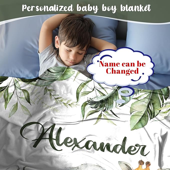 J&SBGFT Personalized Baby Blanket for Boys,Custom Baby Blanket with Name, Customized Name Blanket Receiving Blankets for Toddlers Kids Nursery Stroller Crib Decor Throw,Safari Animal Green