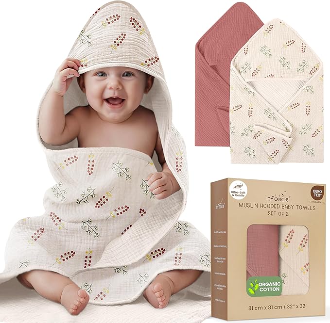 Organic Cotton Muslin Baby Hooded Towels - 32x32 Inch, 2 Pack Newborn Bath Towels for Boys & Girls, Soft & Absorbent Bath Set (Pink/Floral)