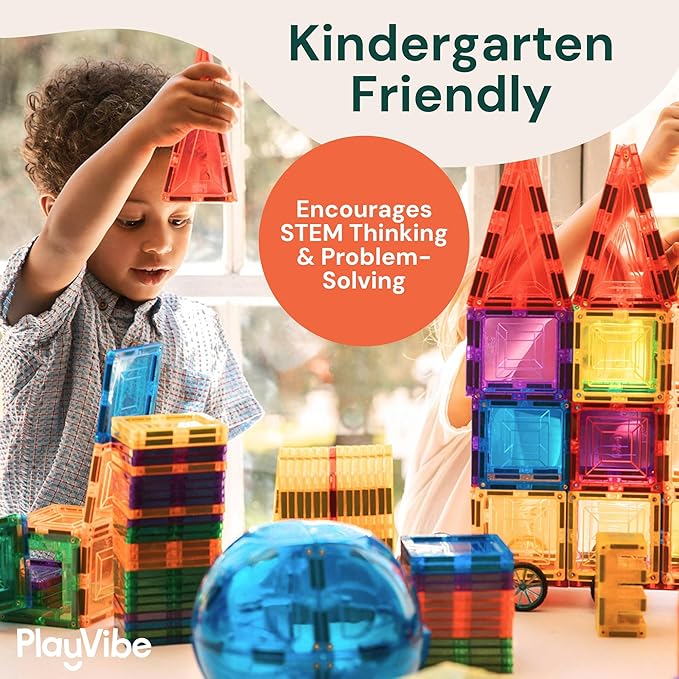 PLAYVIBE Magnetic Tiles - 60 Piece Set, Multicolor - Hands-On STEM Play & Stem Toys - Strong Magnets & Magnetic Tile Blocks - Sensory Toys & Car Creations