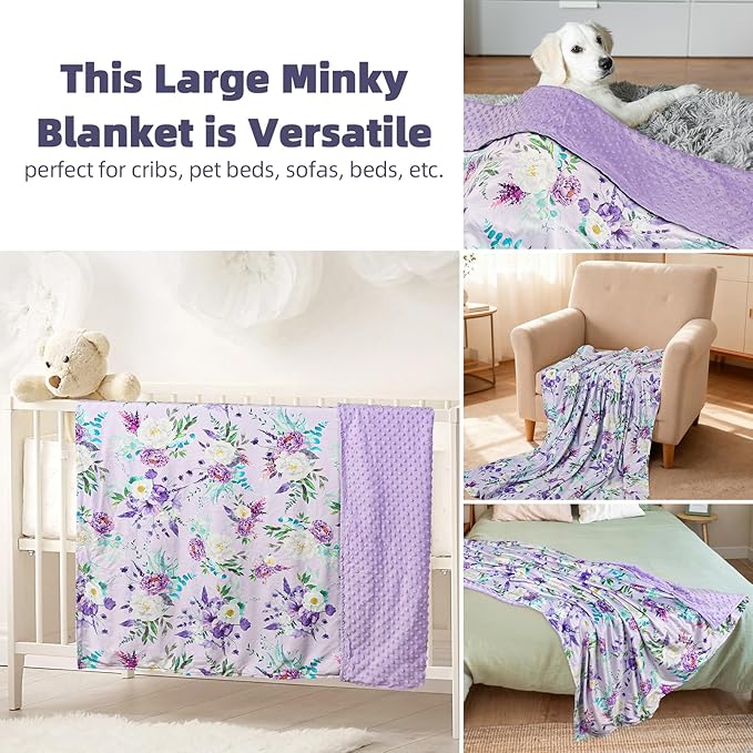 Toddler Blanket 50 x 60 Inch, Large Baby Blanket for Kids, Super Soft Warm Minky with Dotted Backing, Purple Floral