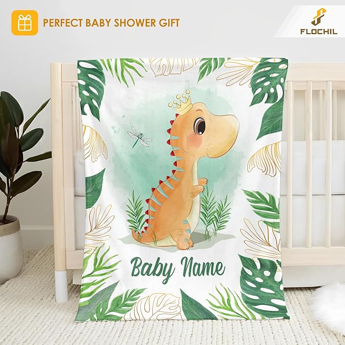 Personalized Baby Blankets, Custom Baby Blanket - Baby Blanket with Name for Boys, Best Gift for Baby, Newborn Elephants Flush Fleece (30x40) (Dinosaur 2)
