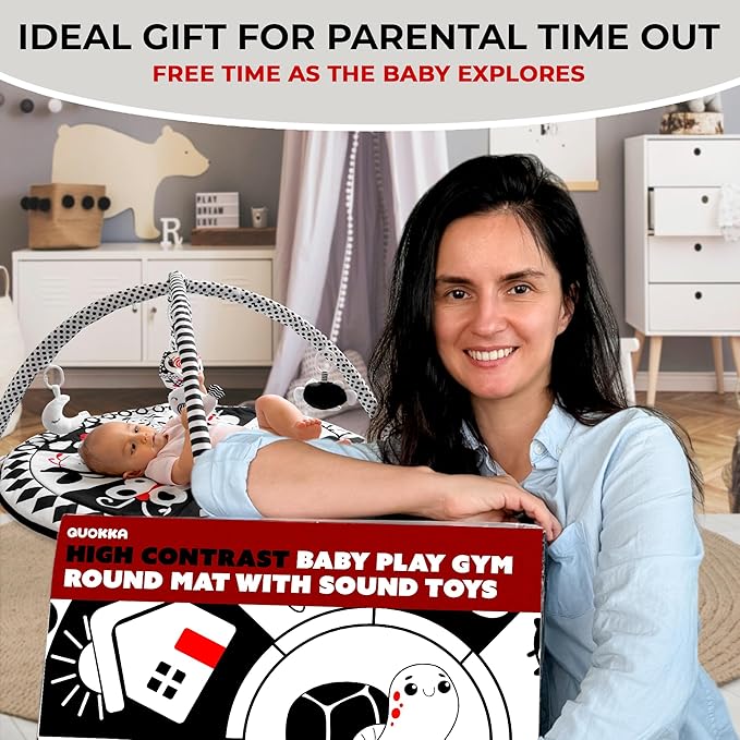 QUOKKA Padded Baby Gym Mat for Floor Tummy Time - Super Soft Black&White Play Gym Mat for Kids Toddlers & Infants - 6 Toys | Thick Pad | Machine Washable | Black White Colors for Vision Development