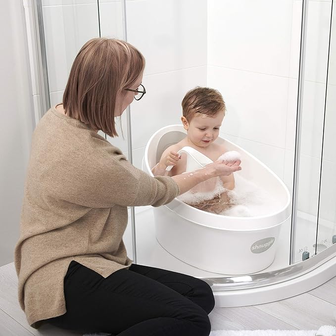 Toddler Bath Tub | Larger Bath for Bigger Kids at Bathtime | Includes Warm and Soft Foam backrest | Grippy Anti-Slip Surface | Includes Easy Drain Bath Plug | White & Grey