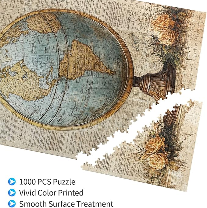 Classic Globe with Detailed World Map and Vintage Documentation, Beautifully Complemented by Decorative Roses，1000 Piece Adults Wooden Jigsaw Puzzle，Ideal for Relaxation and Family Fun