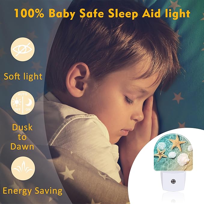Starfish and Seashell Night Light Plug into Wall, Summer Beach Ocean Waves Dusk to Dawn Night Light Plug in,0.5w Energy Saving Sleep Friendly NightLight for Kids Boys Girls Home Decor