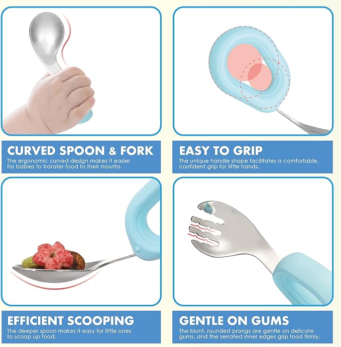 MR. CHOU Suction Baby Bowl Set with Spoon & Fork, Double-Wall 18/8 Stainless Steel Toddler Bowls with BPA Free Airtight Lids, Food Grade Infant Self-Feeding Bowl, First Stage Led Weaning Supplies Blue