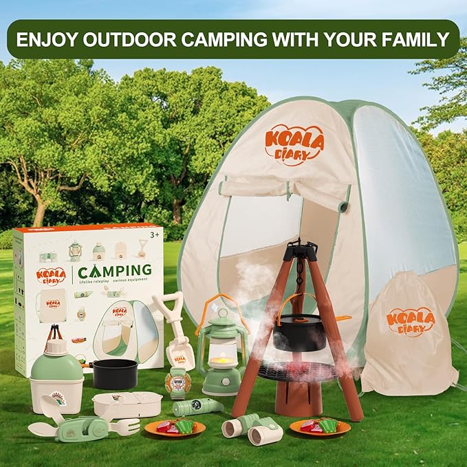 Kids Camping Set – an Indoor/Outdoor Pretend Play Adventure kit Featuring a Tent, Oil lamp, Stove, and More. Perfect for Ages 3+