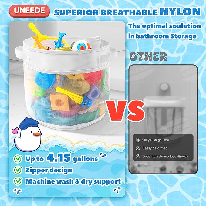UNEEDE Bath Toy Organizer,4 Gallons Bathtub Toy Storage Organizer,Quick Access Bath Toy Holder for Bathtub,Baby Organizere,Quick Dry Baby for Tub,Mesh Shower Caddy