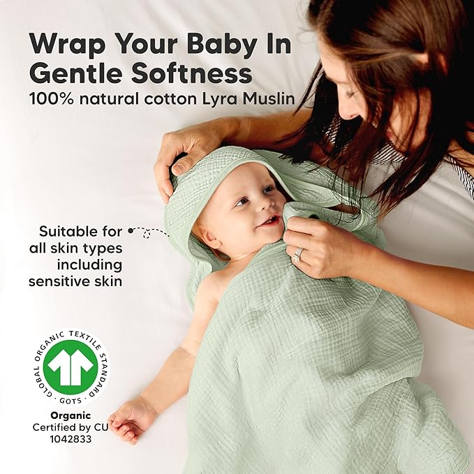 KeaBabies Muslin Hooded Baby Towels for Newborn Girls, Boys - 2-Pack, 35x35 Organic Cotton Baby Bath Towels Hooded, Soft Absorbent, Toddlers, Kids, Infant, Newborn Bath Essentials (Sage, Regular)