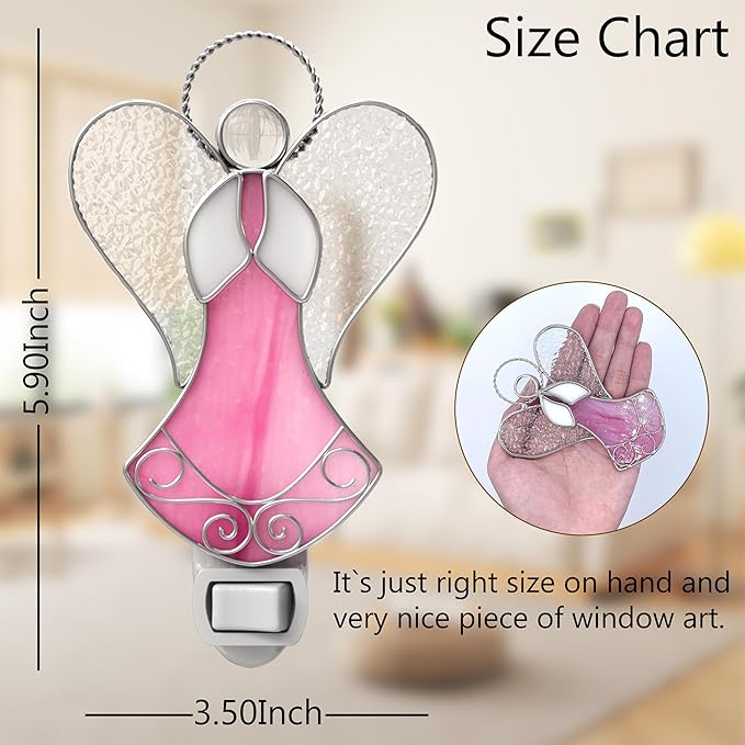 Night Lights Plug Into Wall Stained Glass 7W Plug in Night Light Dusk to Dawn 3000K Warm White Nightlight Switch-On/Off for Adult Kids Room Bathroom Hallway Kitchen Non-Dim (Pink Angel 5" H)