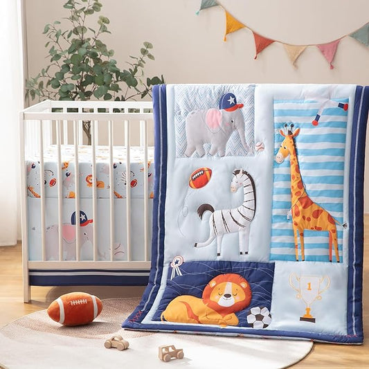 4 Piece Crib Bedding Set for Boys Girls, Infant Toddler Nursery Baby Bedding Sets Includes Cartoon Quilt, Fitted Crib Sheet, Crib Skirt and Plush Football Toy (MVP)