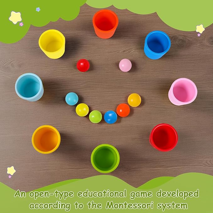Rainbow Balls in Cups Toddler Montessori Toys - Color Sorting Toys for Toddlers for 3 Year Old Up, Learning Color Sorting and Counting, Kids Preschool Wooden Matching Games (8 Balls, 1.4 in)