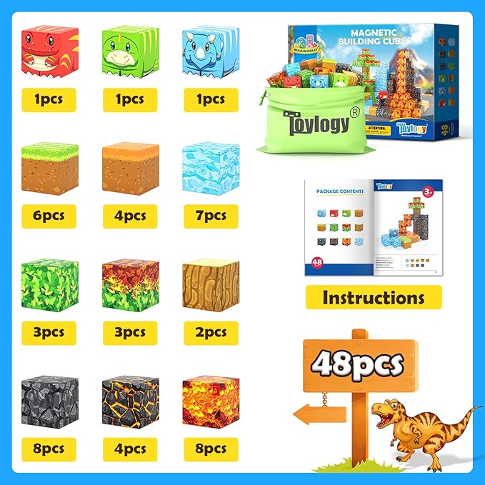 Magnetic Blocks-Build Mine Magnet World Dino Edition, Dinosaur Toys Magnet Building Blocks Jurassic Scenes Kids Toys for Boys 3-5 4-6 6-8 Magnetic STEM Construction Sensory Toddler Kids Games