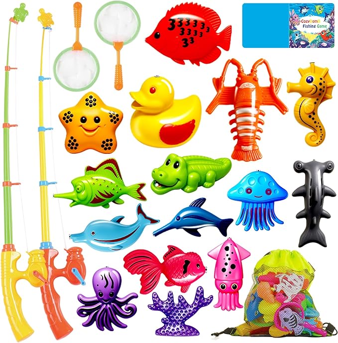 CozyBomB™ Magnetic Fishing Toys Game Set for Kids | Water Table Bathtub Kiddie Pool Party & Pole Rod Net, Plastic Floating Fish Toddler Color Ocean Sea Animals Christmas Age 3 4 5 6 Year