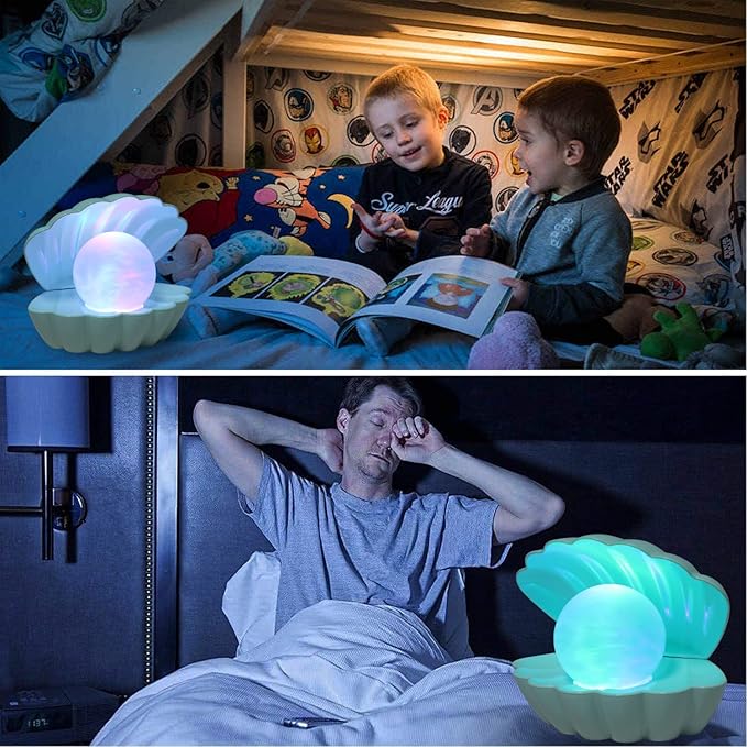 Shell Pearl Beach Themed Night Light, RGB 8 Colors Changing Mood Shell Pearl Lamps, Bedside LED Clamshell Portable Night Lights for Bar (Green)