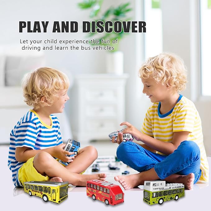 KIDAMI Die Cast Metal Toy Cars Buses Set, 1:64 Scale Double Decker City Bus Vehicles, Pull Back Cars with Openable Doors for Toddlers Boys Girls Birthday Gift