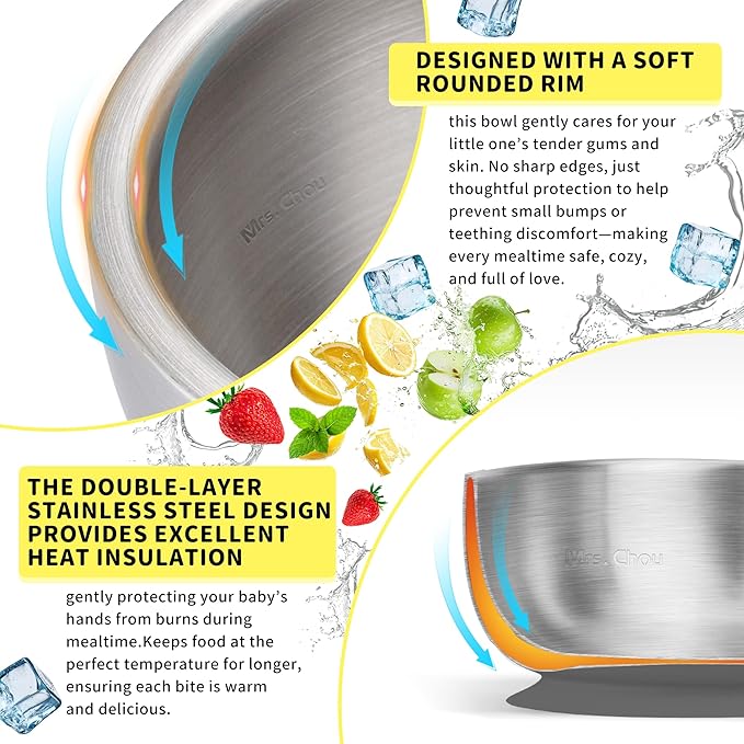 BPA-Free 100% Food-Grade Stainless Steel Baby Bowls with Suction Toddler Bowl Double-Layer Insulated Kids Bowls with Non-Slip Silicone Suction Cup Infant Bowls with Spoon Airtight Glass Lids Gray