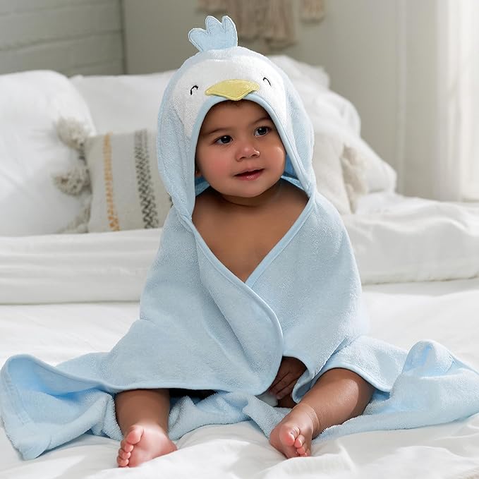 Gerber Baby 4 Piece Animal Character Hooded Towel and Washcloth Set, Blue Penguin, One Size