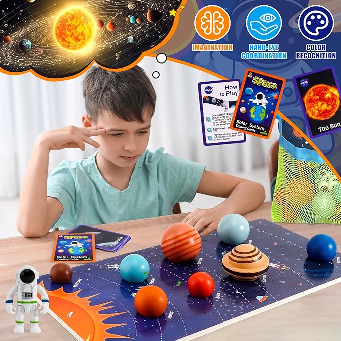 COOLDUCK 30 Pcs Wooden Solar System Model Board Toy Kit, Montessori Planet Balls Toys with Astronaut Figures, Preschool Learning Educational Puzzle, Space Knowledge Flash Cards Learning Toys for Kids