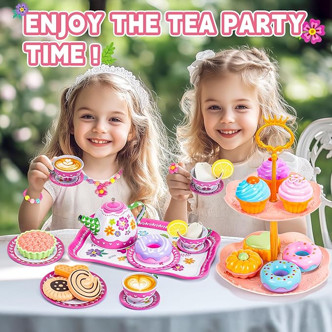 Kids Tea Party Set for Little Girls, Flower Toy Tin Tea Set with Carry Case, Dessert Play Food Tea Cup Set Teapot Girl Jewelry, Birthday for Girls Kids 3 4 5 6 7 Years Old