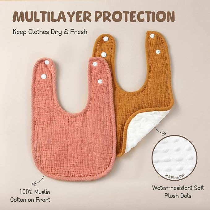 6-Pack Muslin Baby Bibs for Unisex Boys Girls, Cotton Baby Drool Bibs, Drooling and Teething Bibs for Infant