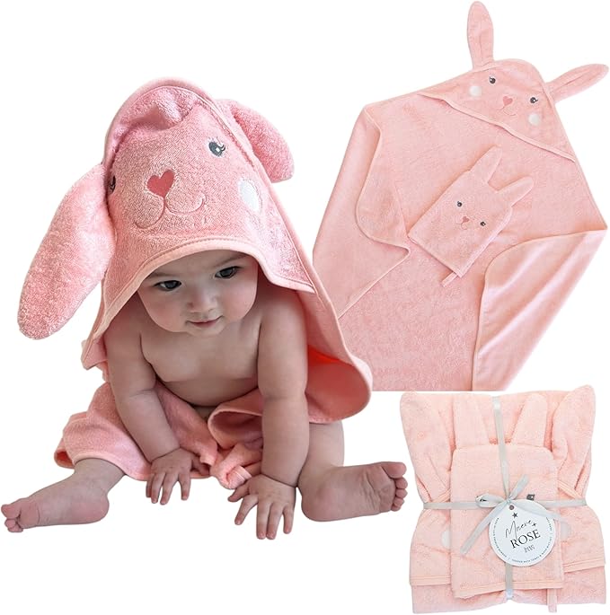 Hooded Baby Towel with Mitt - Ultra Soft Plush Bath Essential for Newborn, Infant & Toddler - Premium 30x30 Inch Large Absorbent Baby Bath Towels with Hood for Boys & Girls (Cute Bunny)