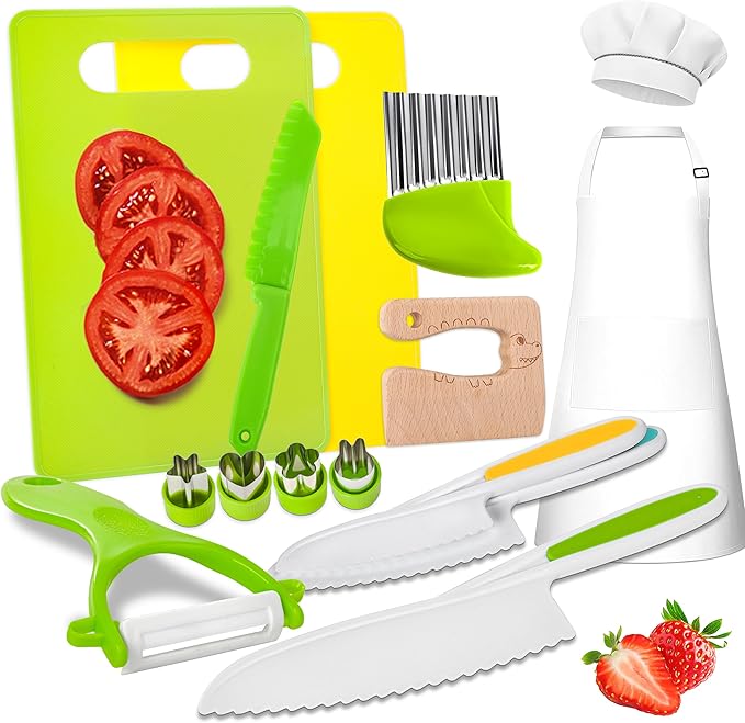 Kids Knife Set for Real Cooking 15Pcs Montessori Kitchen Toys for Toddlers Cooking Sets with Plastic Children Safe Knives Crinkle Cutter Cutting Board Kids Apron Chef Hat Gifts Toddler Toys