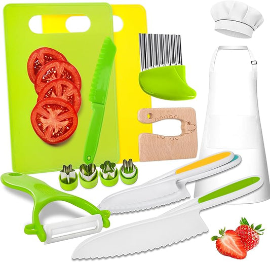 Kids Knife Set for Real Cooking 15Pcs Montessori Kitchen Toys for Toddlers Cooking Sets with Plastic Children Safe Knives Crinkle Cutter Cutting Board Kids Apron Chef Hat Gifts Toddler Toys