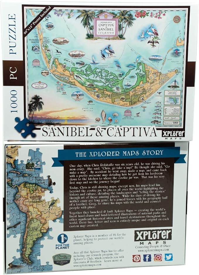 Sanibel-Captiva Islands Map Cardboard Jigsaw Puzzle - 1000 Pieces, Hand-Illustrated - Educational, Family Activity, Ages 7+, Includes Poster - 25.4 x 19.8