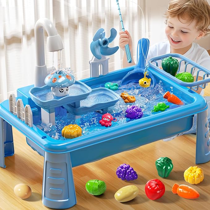 Water Table Play Sink Toy for Kids 2 3 4 5 6 Years Old - Outdoor Kitchen with Running Water, Fishing Games, Toddler Water Play Table for Kids Ages 3-8, Beach Outdoor Toys, Summer Gifts(Blue)