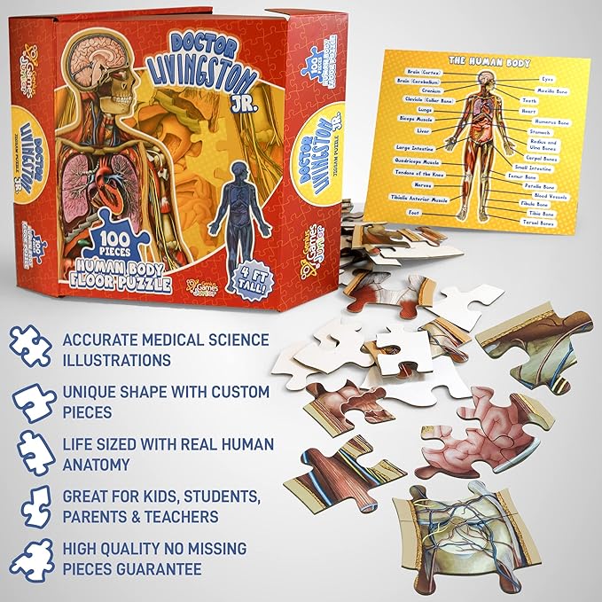 Human Anatomy Kids Floor Puzzle - Dr Livingston Jr's 100-Piece Full Body Jigsaw Puzzle - 4 FT Medically Accurate Floor Puzzles for Kids Ages 6-8, 4-8, 8-10 - Educational Toys for Children, Toddlers